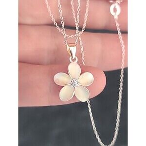 925 Sterling Silver CZ Flower Pendant Necklace Vintage